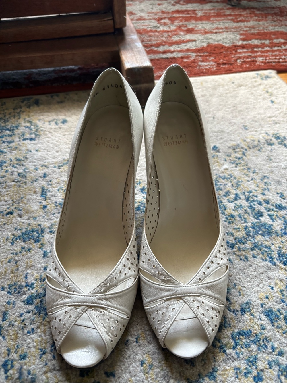 Stuart Weitzman Ivory Peep-Toe Leather Heels
